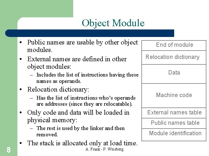 Object Module • Public names are usable by other object modules. • External names Object Module • Public names are usable by other object modules. • External names