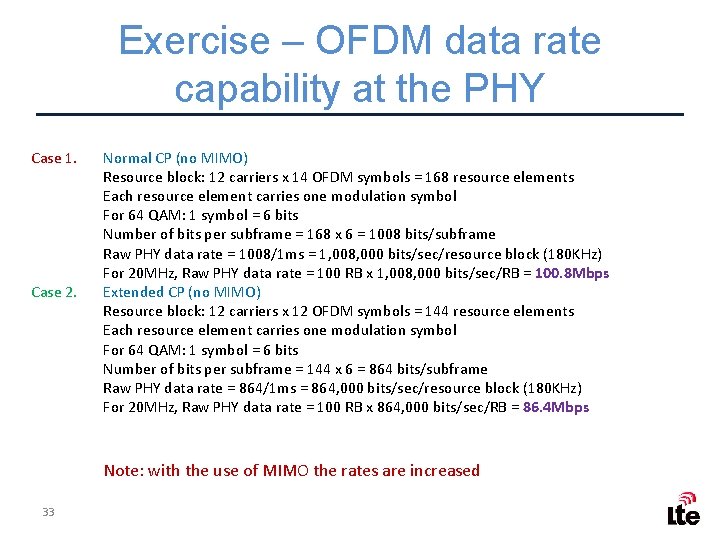 Exercise – OFDM data rate capability at the PHY Case 1. Case 2. Normal