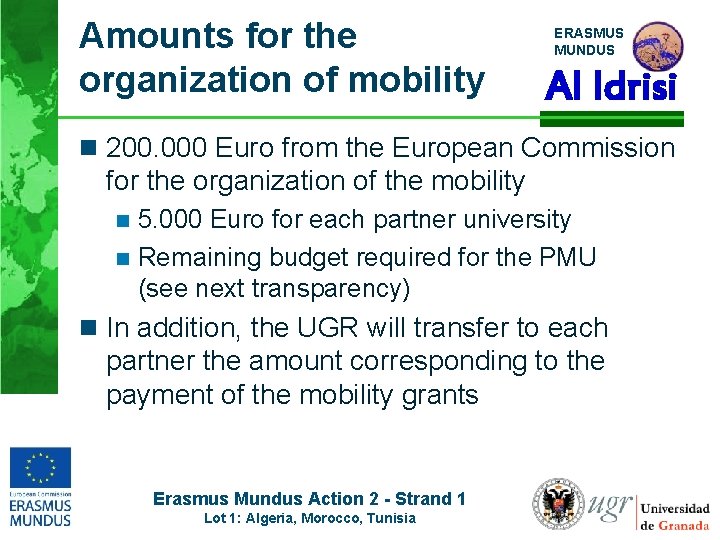 Amounts for the organization of mobility ERASMUS MUNDUS Al Idrisi n 200. 000 Euro