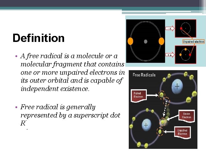 Definition • A free radical is a molecule or a molecular fragment that contains