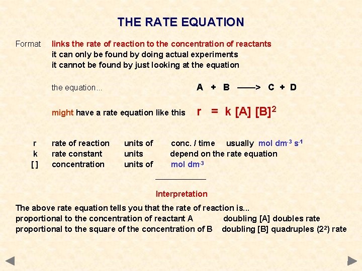 THE RATE EQUATION Format r k [] links the rate of reaction to the