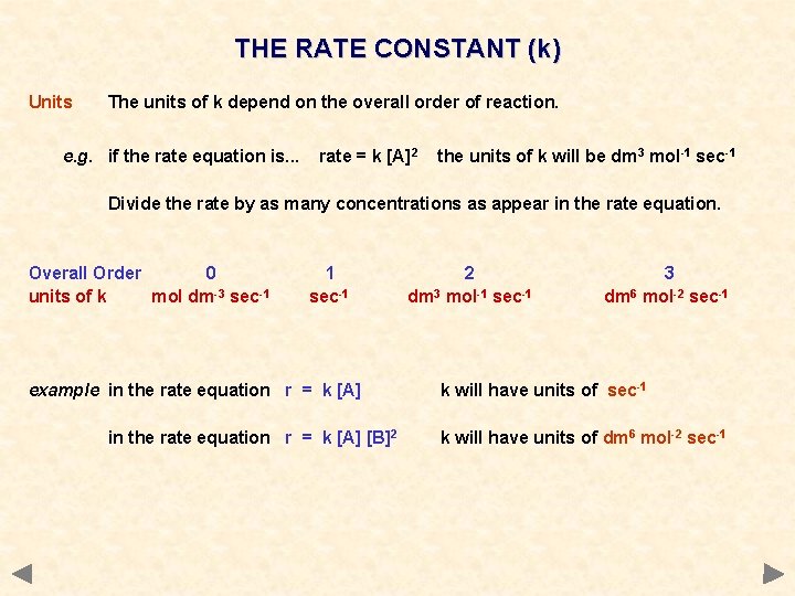 THE RATE CONSTANT (k) Units The units of k depend on the overall order THE RATE CONSTANT (k) Units The units of k depend on the overall order