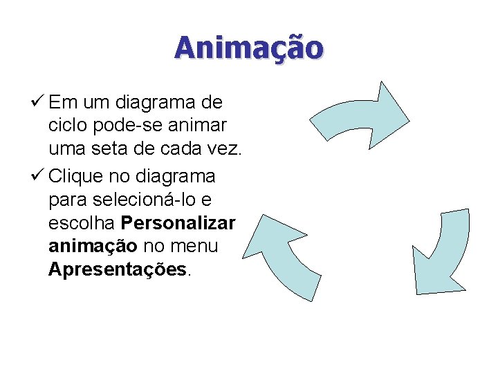 Animação ü Em um diagrama de ciclo pode-se animar uma seta de cada vez.