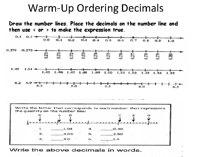 Warm-Up Ordering Decimals Draw the number lines. Place the decimals on the number line