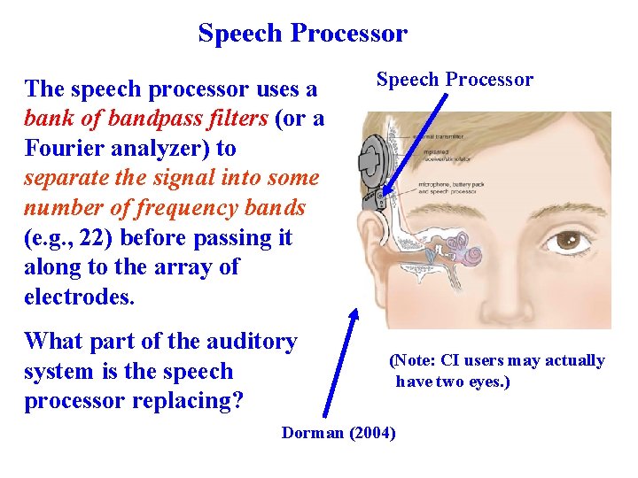 Speech Processor The speech processor uses a bank of bandpass filters (or a Fourier