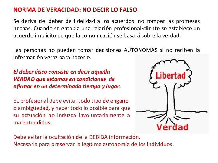 NORMA DE VERACIDAD: NO DECIR LO FALSO Se deriva del deber de fidelidad a