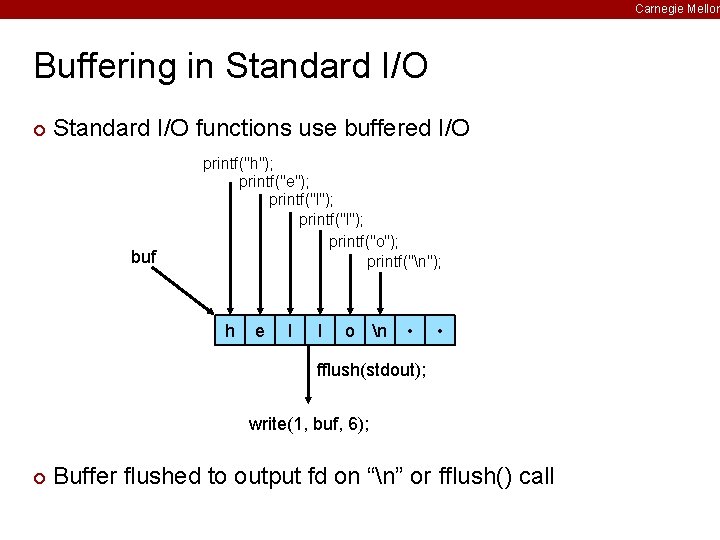 Carnegie Mellon Buffering in Standard I/O ¢ Standard I/O functions use buffered I/O buf