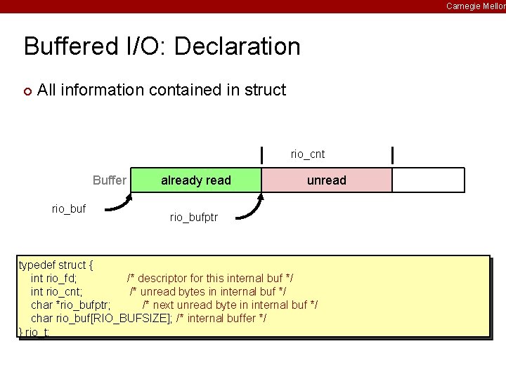 Carnegie Mellon Buffered I/O: Declaration ¢ All information contained in struct rio_cnt Buffer rio_buf