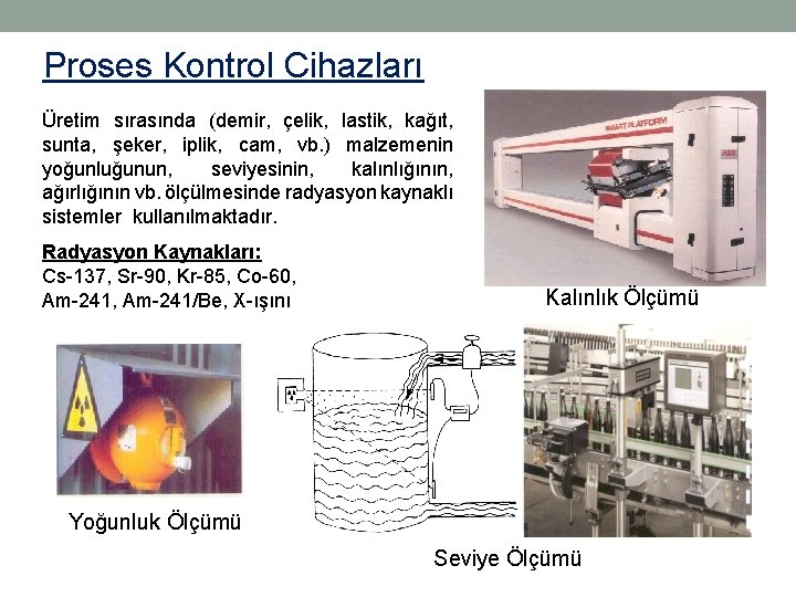 Proses Kontrol Cihazları Üretim sırasında (demir, çelik, lastik, kağıt, sunta, şeker, iplik, cam, vb.