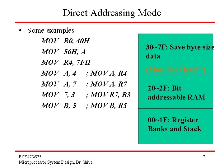 Direct Addressing Mode • Some examples MOV R 0, 40 H MOV 56 H,