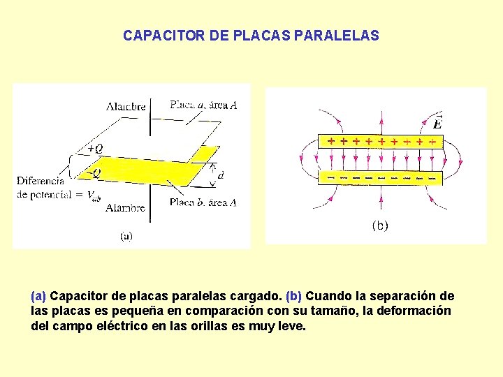 CAPACITOR DE PLACAS PARALELAS (a) Capacitor de placas paralelas cargado. (b) Cuando la separación