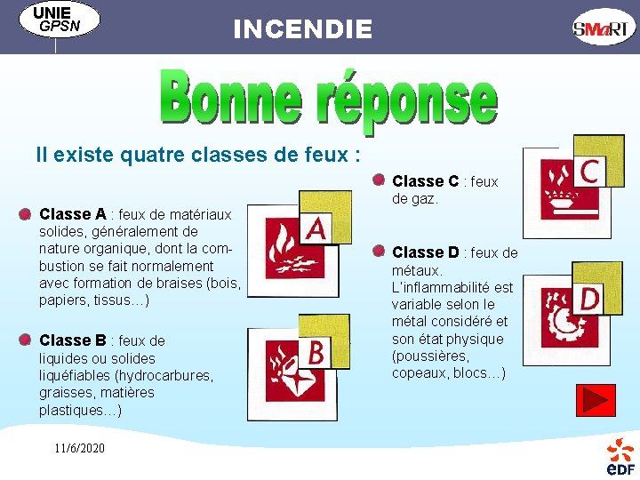 UNIE GPSN INCENDIE Il existe quatre classes de feux : Classe C : feux