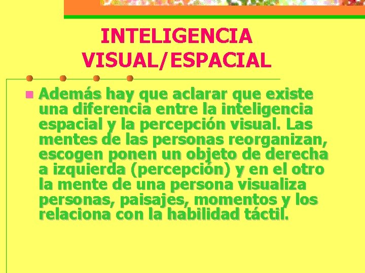 INTELIGENCIA VISUAL/ESPACIAL n Además hay que aclarar que existe una diferencia entre la inteligencia