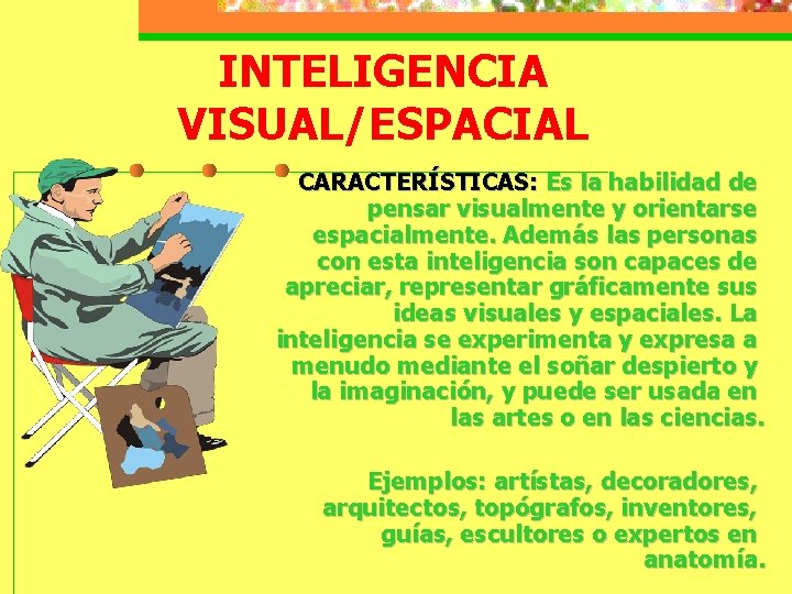 INTELIGENCIA VISUAL/ESPACIAL CARACTERÍSTICAS: Es la habilidad de pensar visualmente y orientarse espacialmente. Además las