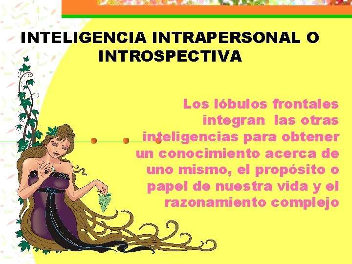 INTELIGENCIA INTRAPERSONAL O INTROSPECTIVA Los lóbulos frontales integran las otras inteligencias para obtener un