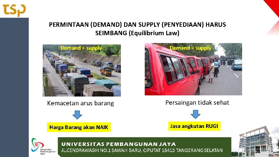 PERMINTAAN (DEMAND) DAN SUPPLY (PENYEDIAAN) HARUS SEIMBANG (Equilibrium Law) Demand > supply Kemacetan arus