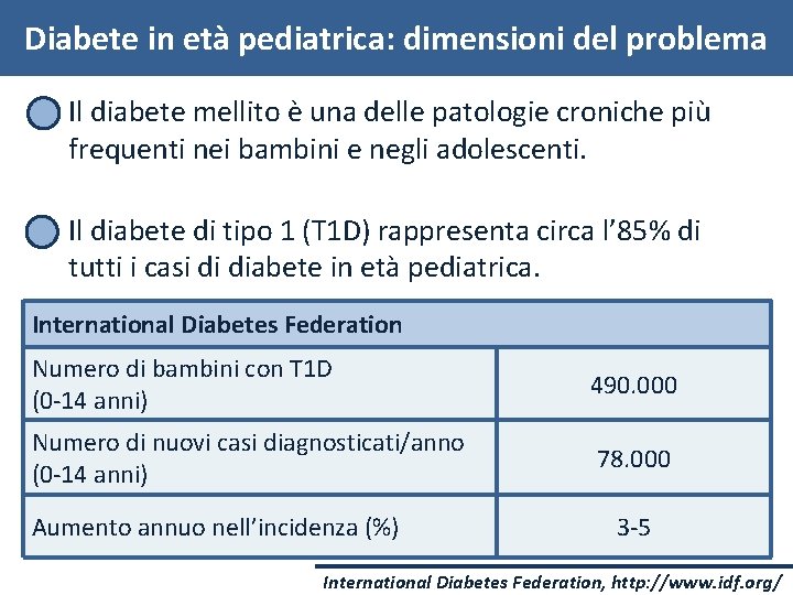 Diabete in età pediatrica: dimensioni del problema § Il diabete mellito è una delle