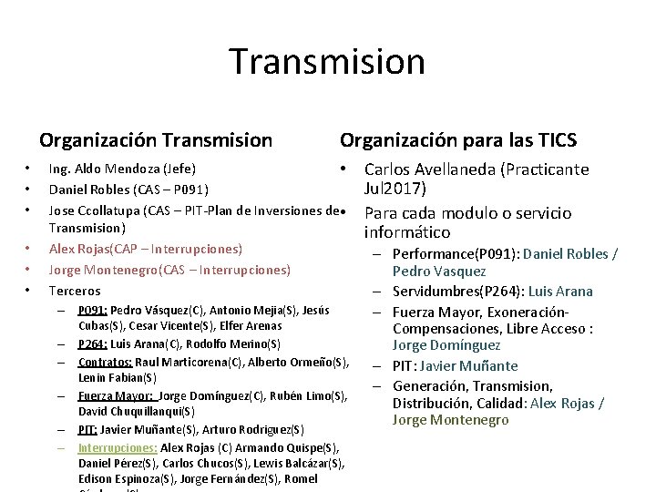 Transmision Organización Transmision • • • Organización para las TICS Ing. Aldo Mendoza (Jefe)