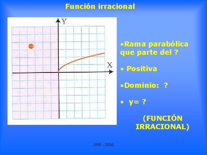Función irracional • Rama parabólica que parte del ? • Positiva • Dominio: ? Función irracional • Rama parabólica que parte del ? • Positiva • Dominio: ?