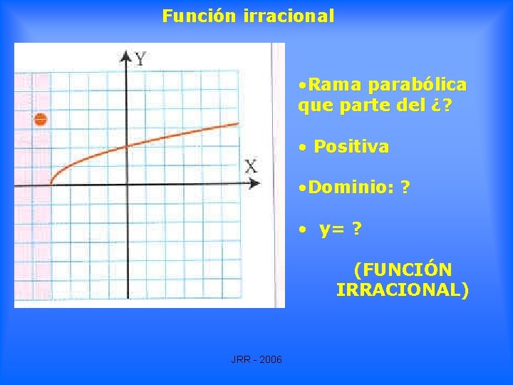 Función irracional • Rama parabólica que parte del ¿? • Positiva • Dominio: ? Función irracional • Rama parabólica que parte del ¿? • Positiva • Dominio: ?