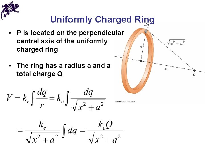 Uniformly Charged Ring • P is located on the perpendicular central axis of the