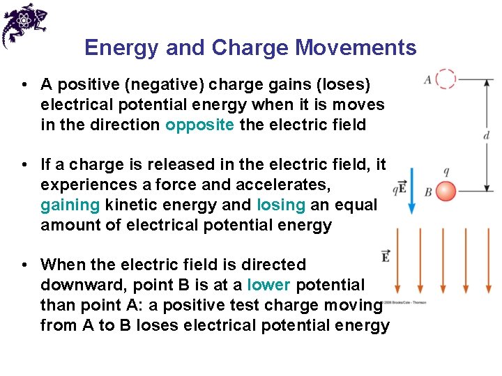 Energy and Charge Movements • A positive (negative) charge gains (loses) electrical potential energy