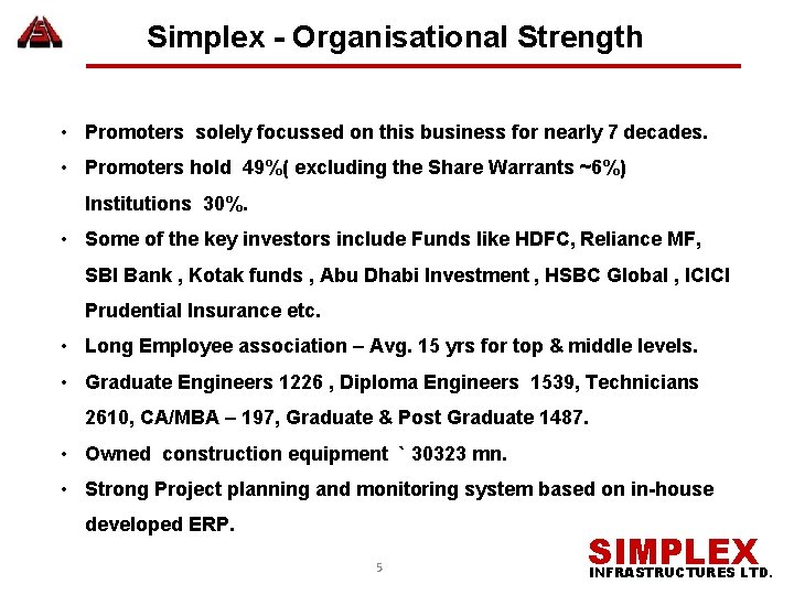 Simplex - Organisational Strength • Promoters solely focussed on this business for nearly 7