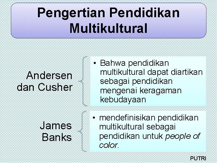 Pengertian Pendidikan Multikultural Andersen dan Cusher James Banks • Bahwa pendidikan multikultural dapat diartikan