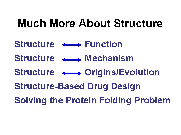 Much More About Structure Function Structure Mechanism Structure Origins/Evolution Structure-Based Drug Design Solving the