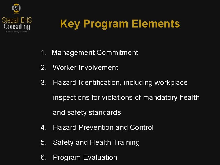 Key Program Elements 1. Management Commitment 2. Worker Involvement 3. Hazard Identification, including workplace