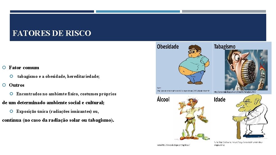 FATORES DE RISCO Fator comum tabagismo e a obesidade, hereditariedade; Outros Encontrados no ambiente