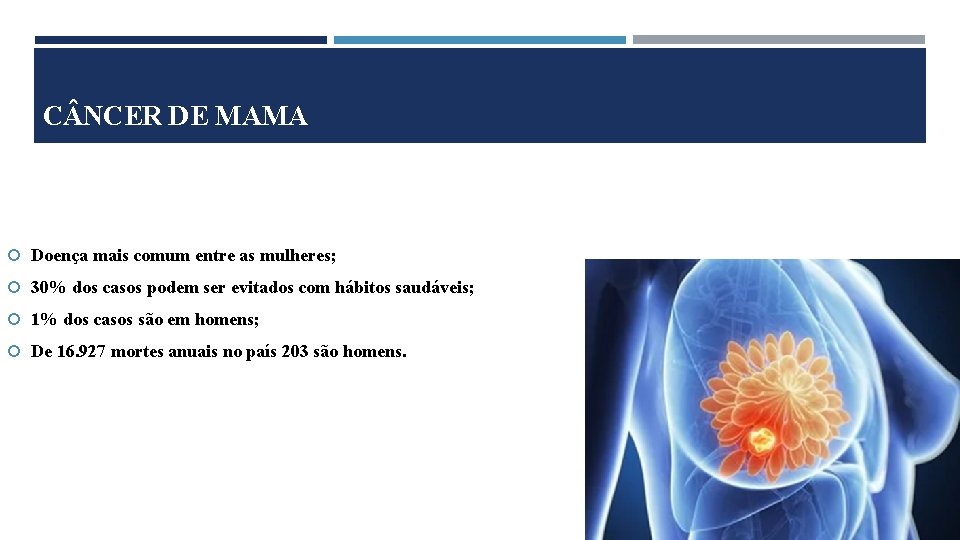 C NCER DE MAMA Doença mais comum entre as mulheres; 30% dos casos podem