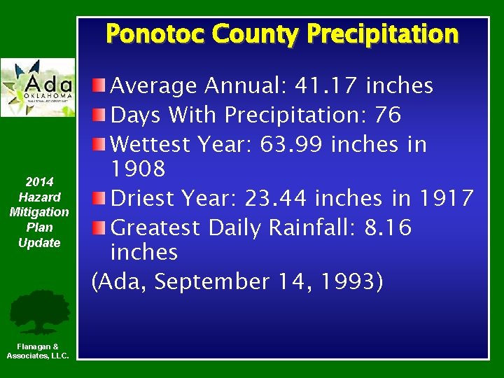 Ponotoc County Precipitation 2014 Hazard Mitigation Plan Update Flanagan & Associates, LLC. Average Annual: