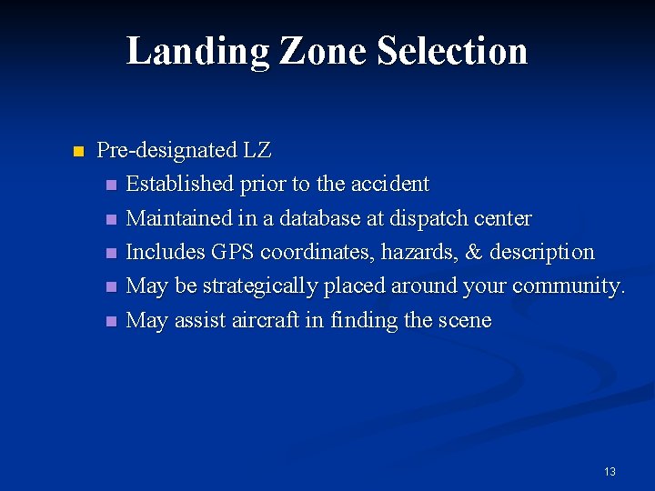 Landing Zone Selection n Pre-designated LZ n Established prior to the accident n Maintained