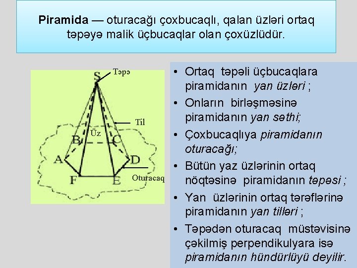 Piramida — oturacağı çoxbucaqlı, qalan üzləri ortaq təpəyə malik üçbucaqlar olan çoxüzlüdür. Təpə Til