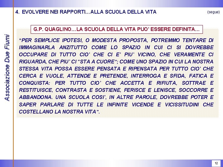 4. EVOLVERE NEI RAPPORTI…ALLA SCUOLA DELLA VITA (segue) Associazione Due Fiumi G. P. QUAGLINO…LA 4. EVOLVERE NEI RAPPORTI…ALLA SCUOLA DELLA VITA (segue) Associazione Due Fiumi G. P. QUAGLINO…LA