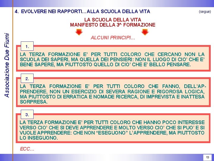 4. EVOLVERE NEI RAPPORTI…ALLA SCUOLA DELLA VITA (segue) Associazione Due Fiumi LA SCUOLA DELLA