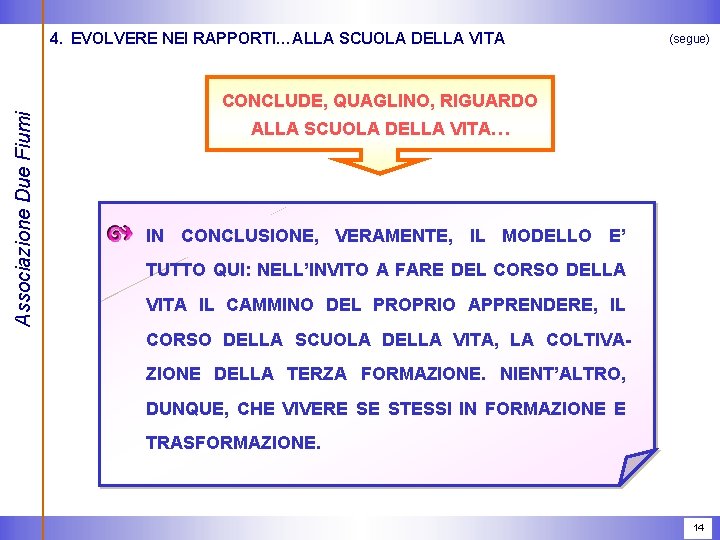 4. EVOLVERE NEI RAPPORTI…ALLA SCUOLA DELLA VITA (segue) Associazione Due Fiumi CONCLUDE, QUAGLINO, RIGUARDO