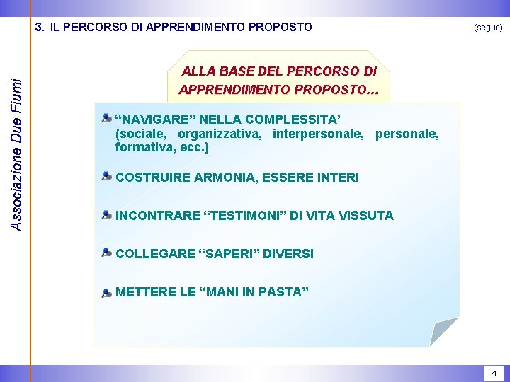 Associazione Due Fiumi 3. IL PERCORSO DI APPRENDIMENTO PROPOSTO (segue) ALLA BASE DEL PERCORSO