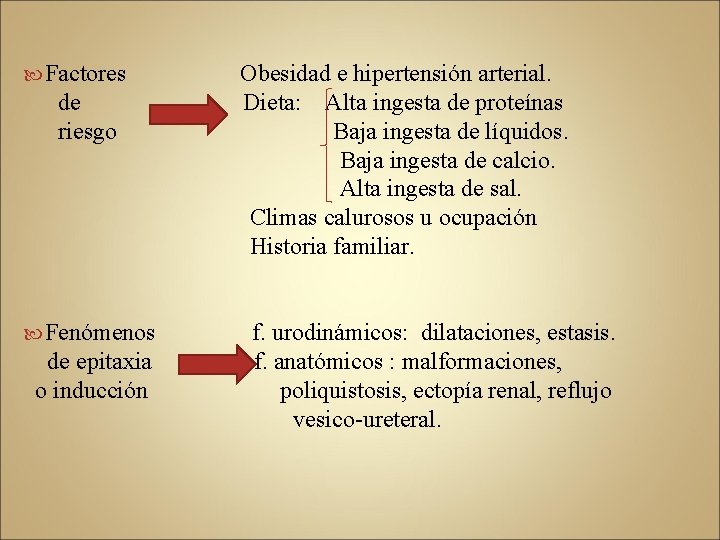  Factores de riesgo Fenómenos de epitaxia o inducción Obesidad e hipertensión arterial. Dieta: