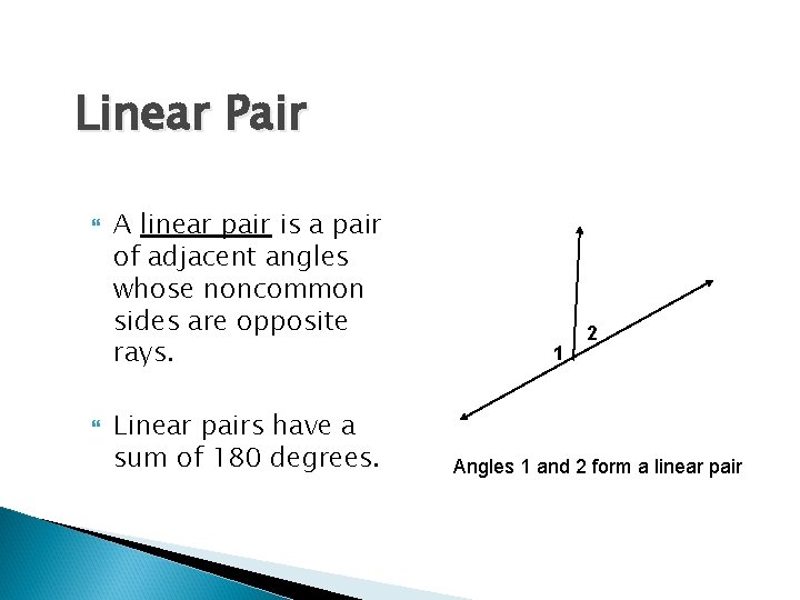 Linear Pair A linear pair is a pair of adjacent angles whose noncommon sides
