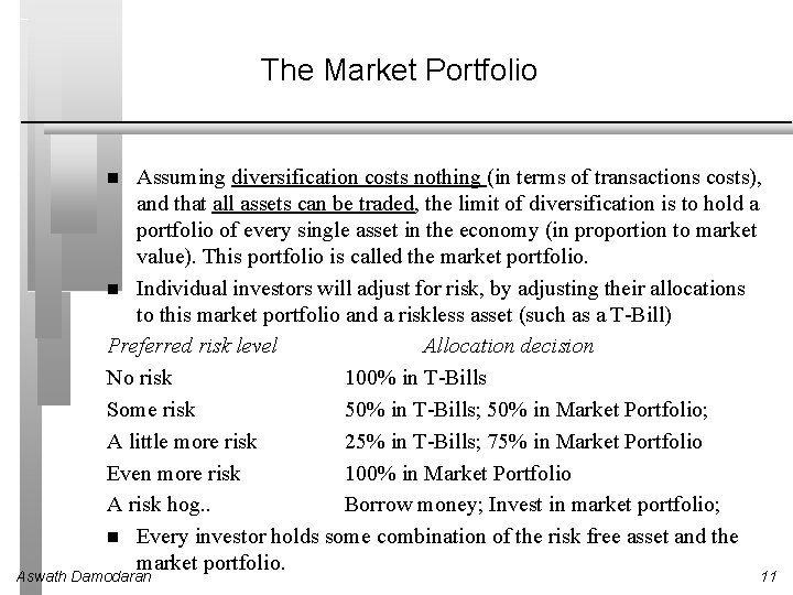 The Market Portfolio Assuming diversification costs nothing (in terms of transactions costs), and that