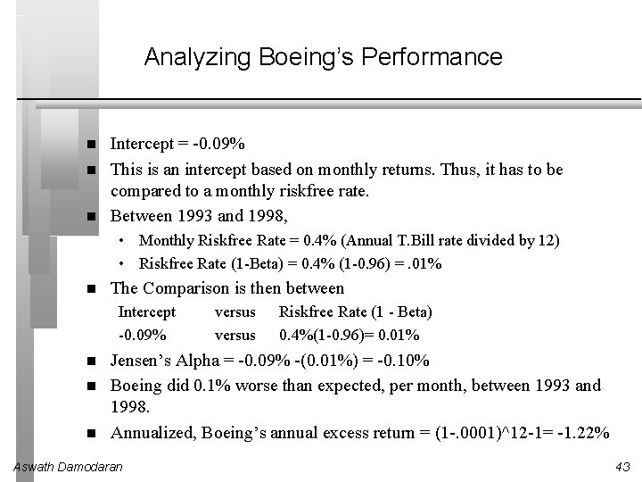 Analyzing Boeing’s Performance Intercept = -0. 09% This is an intercept based on monthly
