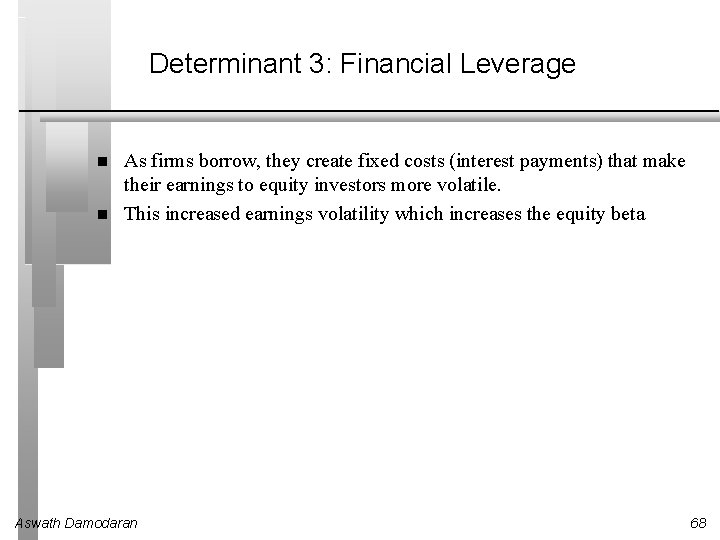 Determinant 3: Financial Leverage As firms borrow, they create fixed costs (interest payments) that