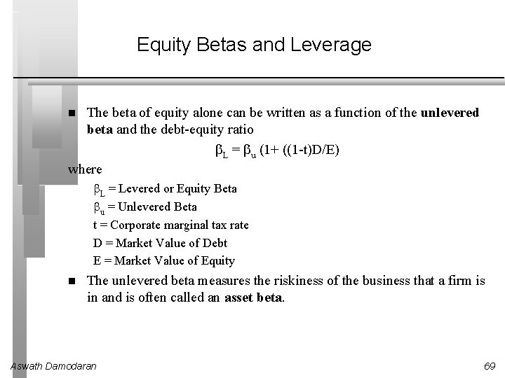 Equity Betas and Leverage The beta of equity alone can be written as a