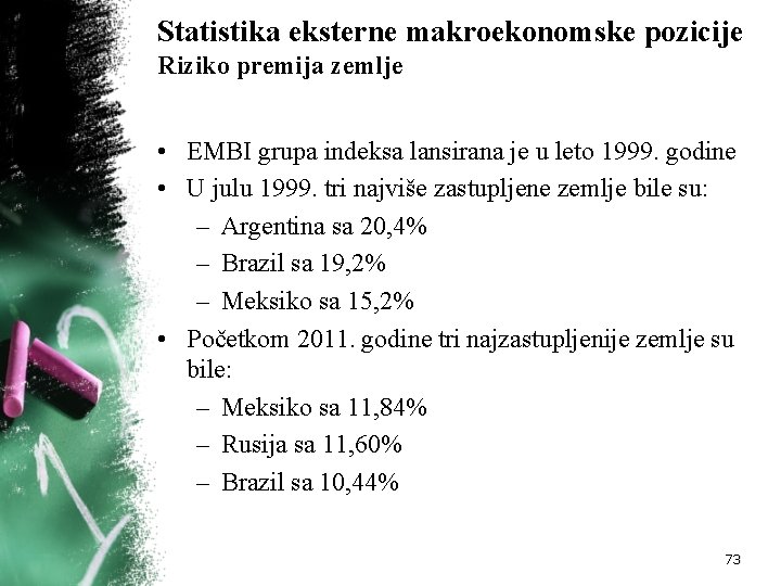 Statistika eksterne makroekonomske pozicije Riziko premija zemlje • EMBI grupa indeksa lansirana je u