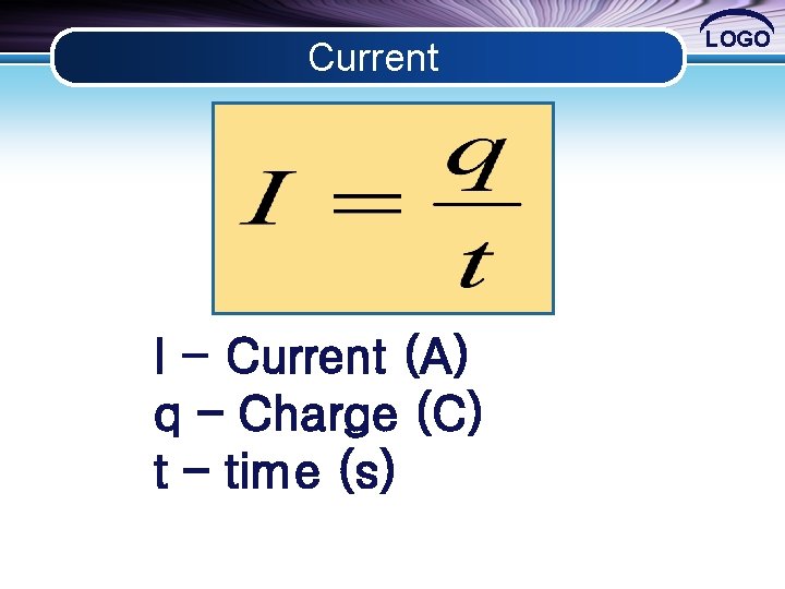 Current I - Current (A) q – Charge (C) t – time (s) LOGO