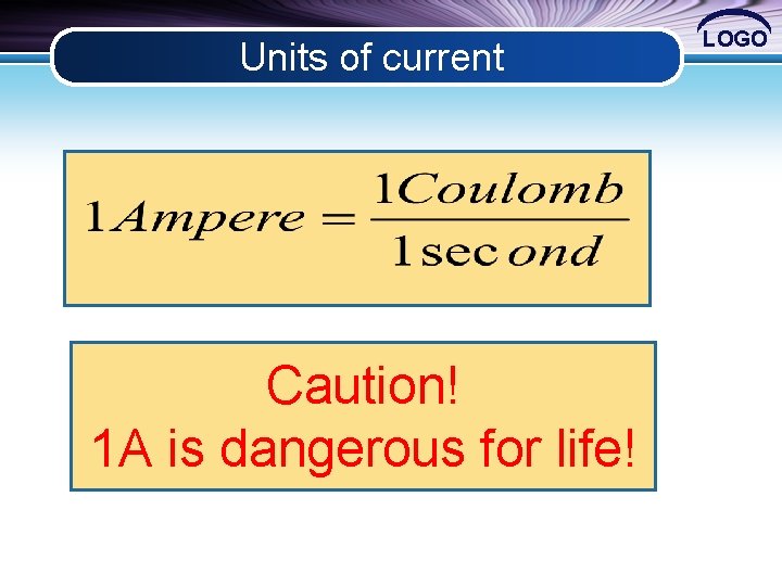 Units of current Caution! 1 A is dangerous for life! LOGO 