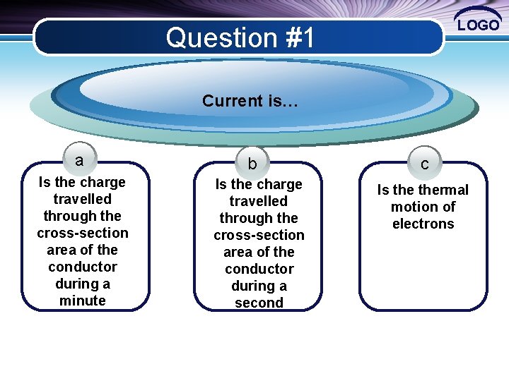 LOGO Question #1 Current is… a Is the charge travelled through the cross-section area