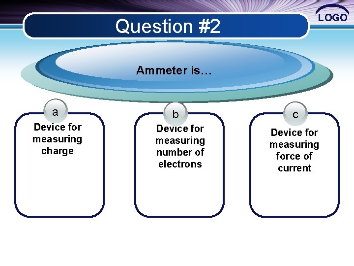LOGO Question #2 Ammeter is… a Device for measuring charge b Device for measuring
